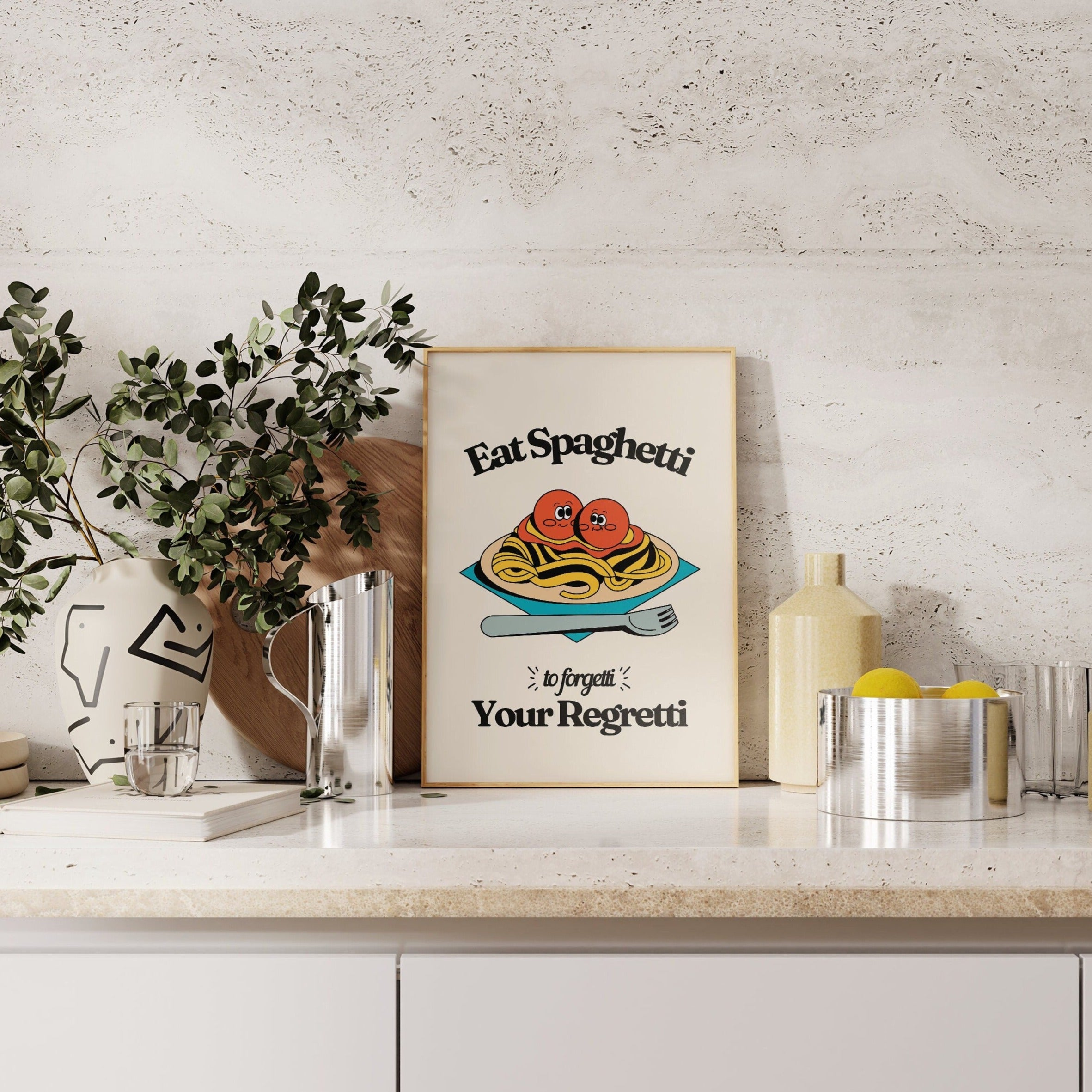 Retro Kitchen Print, Eat Spaghetti To Forgetti Your Regretti, Vintage Cartoon Poster, Meatballs Wall Art, 70s Quote Decor, UNFRAMED