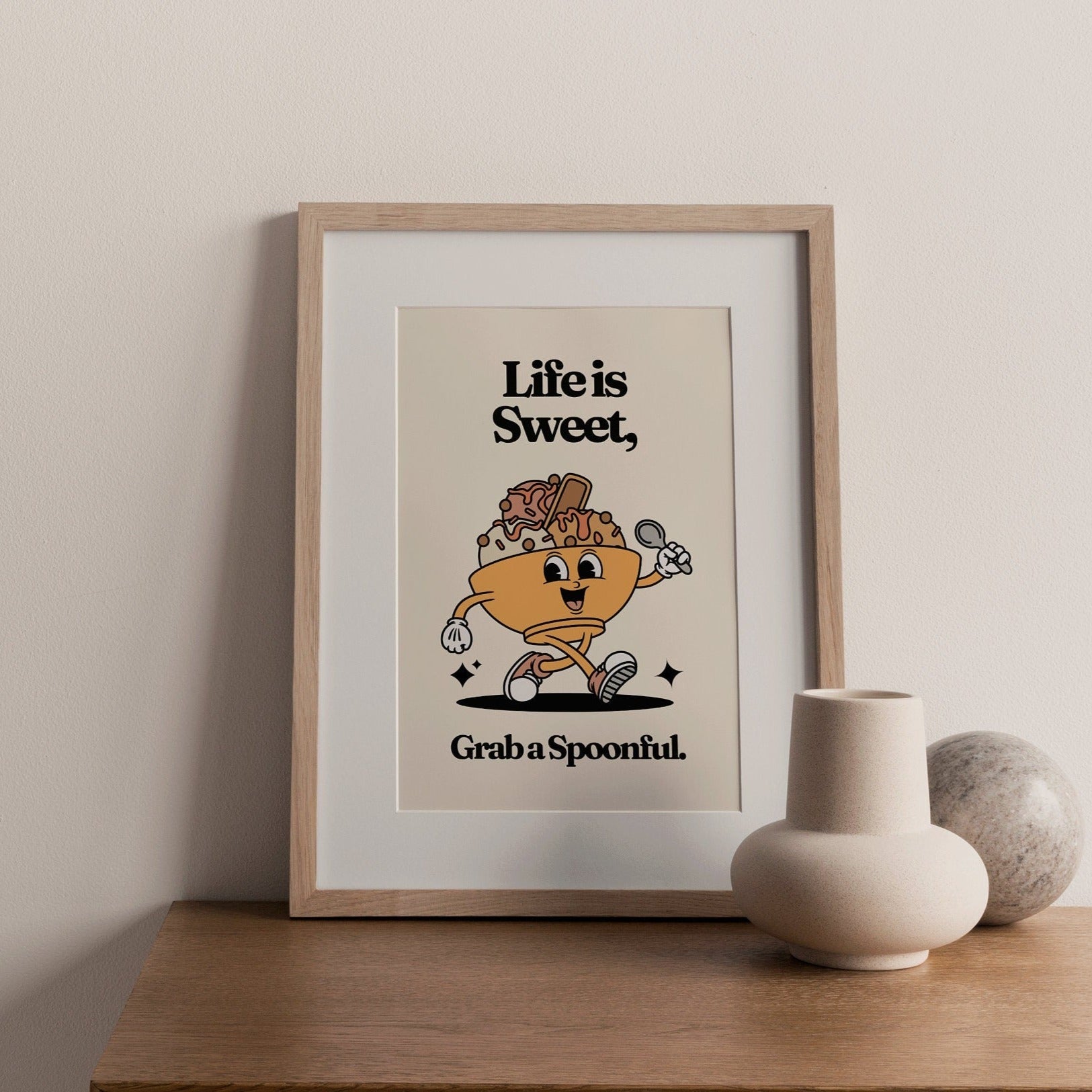 Retro PRINT, Life is Sweet Grab a Spoonful Wall Art, Vintage Motivational Print, Retro Cartoon Character Wall Art, 70s Style Decor, UNFRAMED