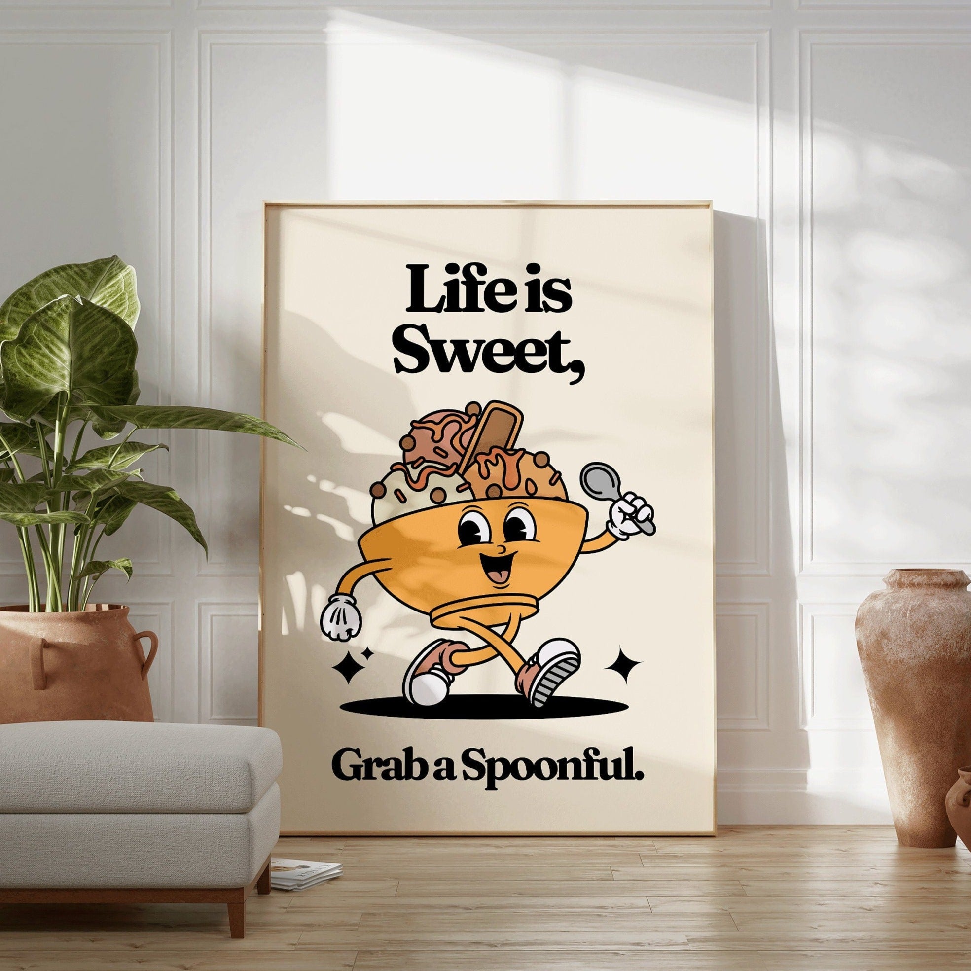 Retro PRINT, Life is Sweet Grab a Spoonful Wall Art, Vintage Motivational Print, Retro Cartoon Character Wall Art, 70s Style Decor, UNFRAMED