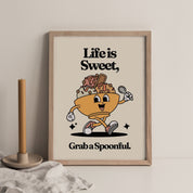 Retro PRINT, Life is Sweet Grab a Spoonful Wall Art, Vintage Motivational Print, Retro Cartoon Character Wall Art, 70s Style Decor, UNFRAMED