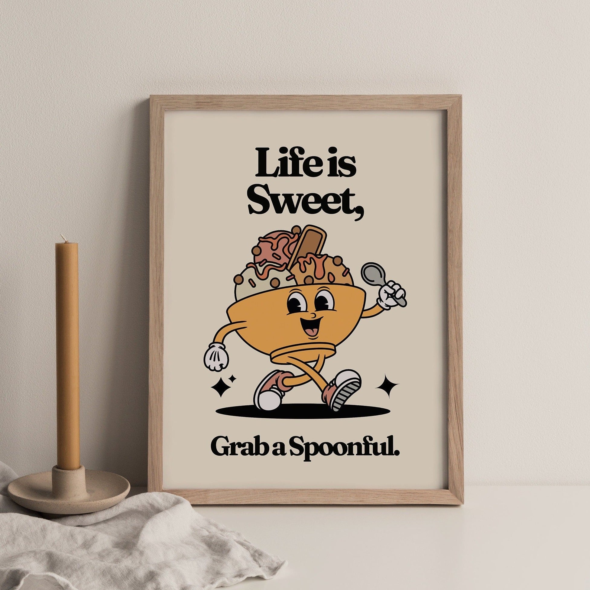 Retro PRINT, Life is Sweet Grab a Spoonful Wall Art, Vintage Motivational Print, Retro Cartoon Character Wall Art, 70s Style Decor, UNFRAMED