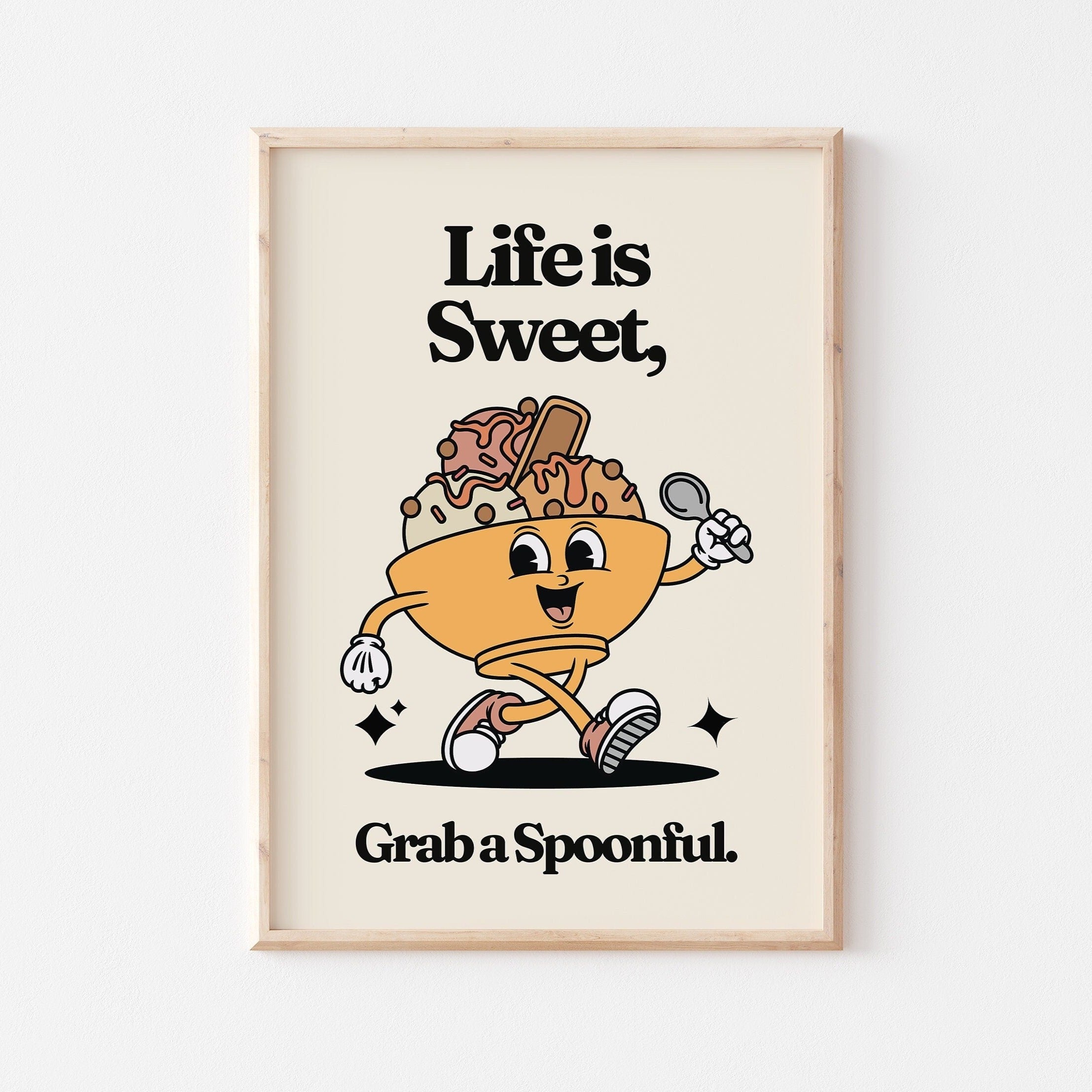 Retro PRINT, Life is Sweet Grab a Spoonful Wall Art, Vintage Motivational Print, Retro Cartoon Character Wall Art, 70s Style Decor, UNFRAMED