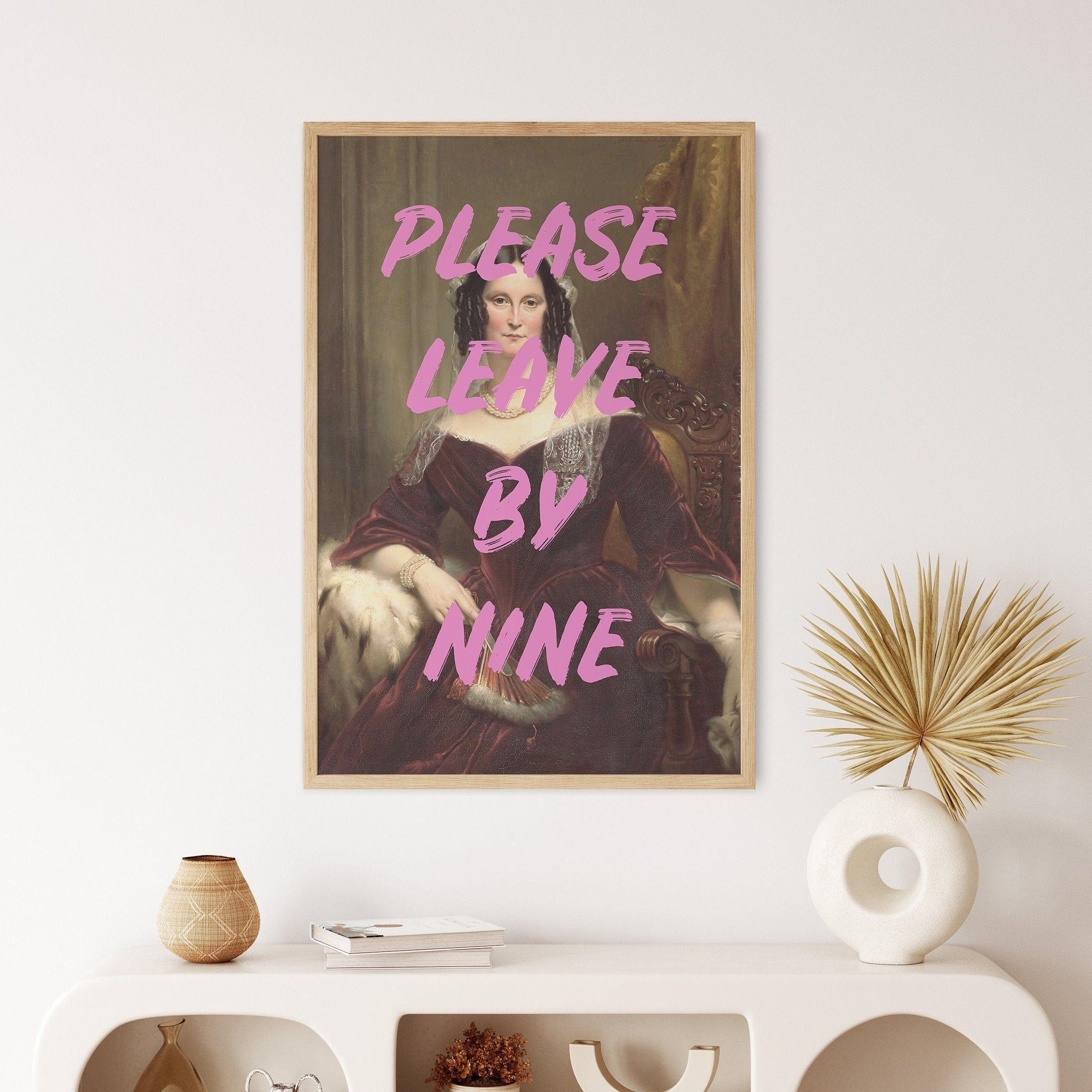 Entryway Wall Art, Please Leave By Nine Quote Art, Vintage Renaissance Woman Painting Art Print, UNFRAMED