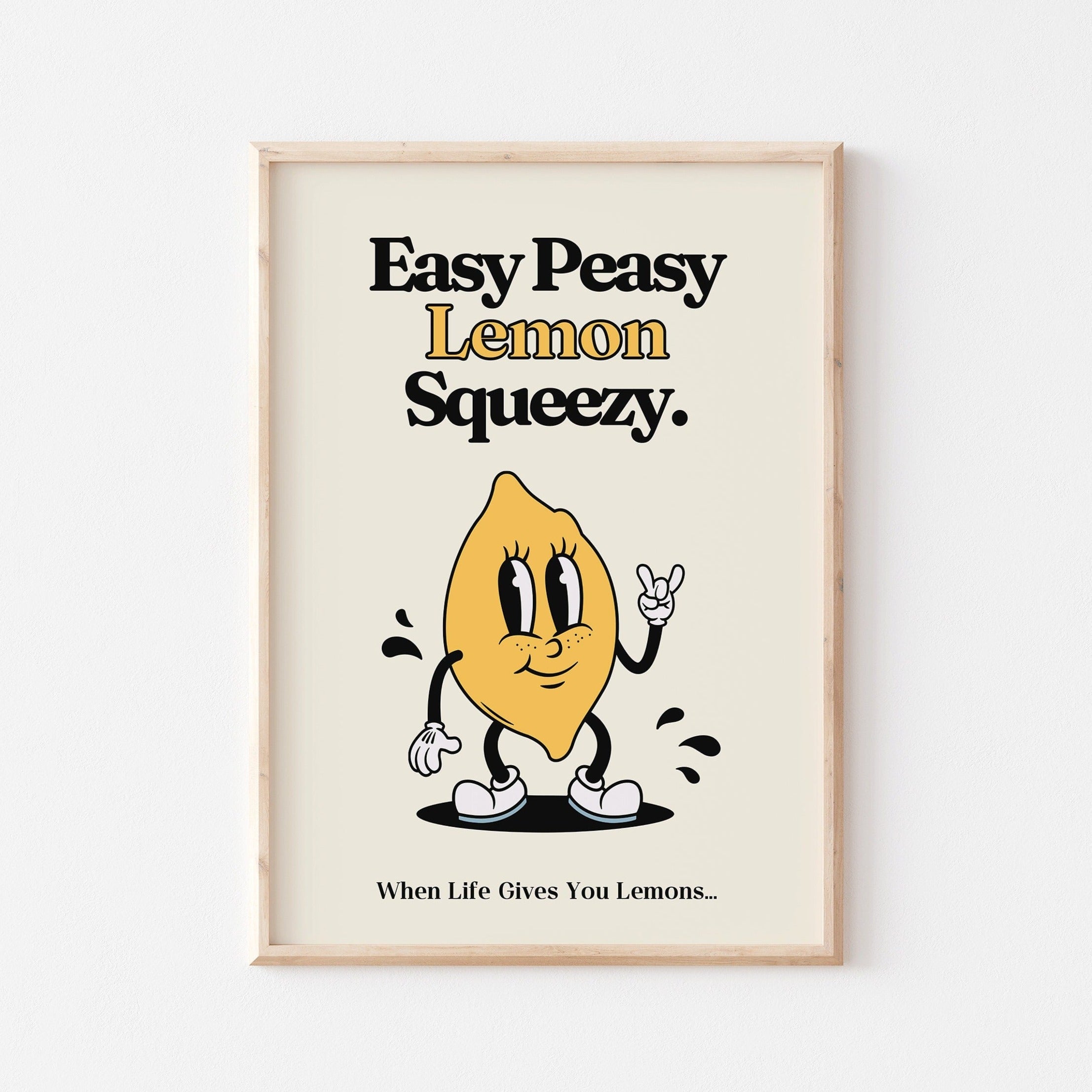 Easy Peasy Lemon Squeezy Print, Retro Cartoon Character Poster, Motivational Kitchen Wall Art, Vintage 70s Art, UNFRAMED