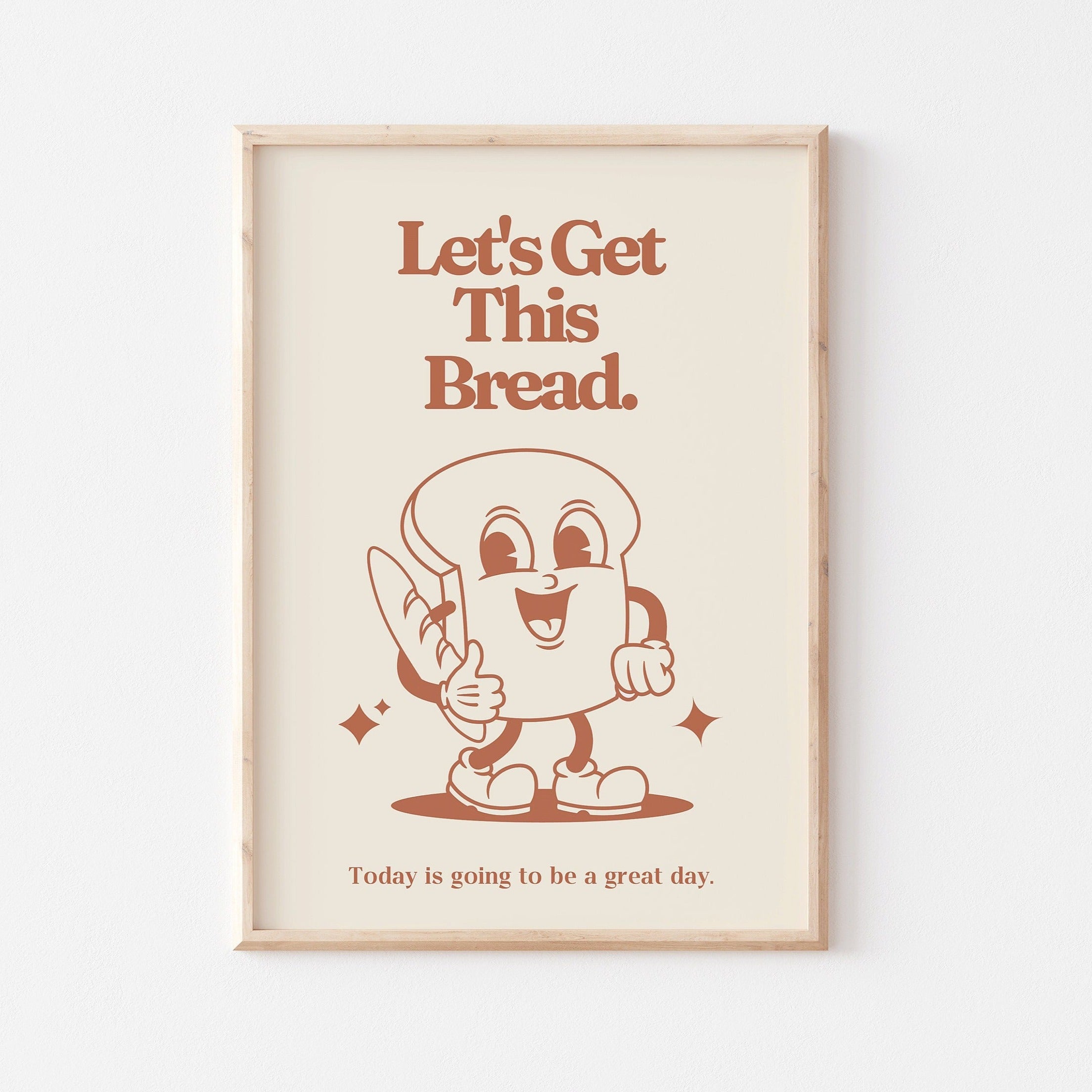 Retro Mascot Art PRINT, Let's Get This Bread, Motivational Kitchen Wall Art, Vintage Home Office Decor, Red and Beige Poster