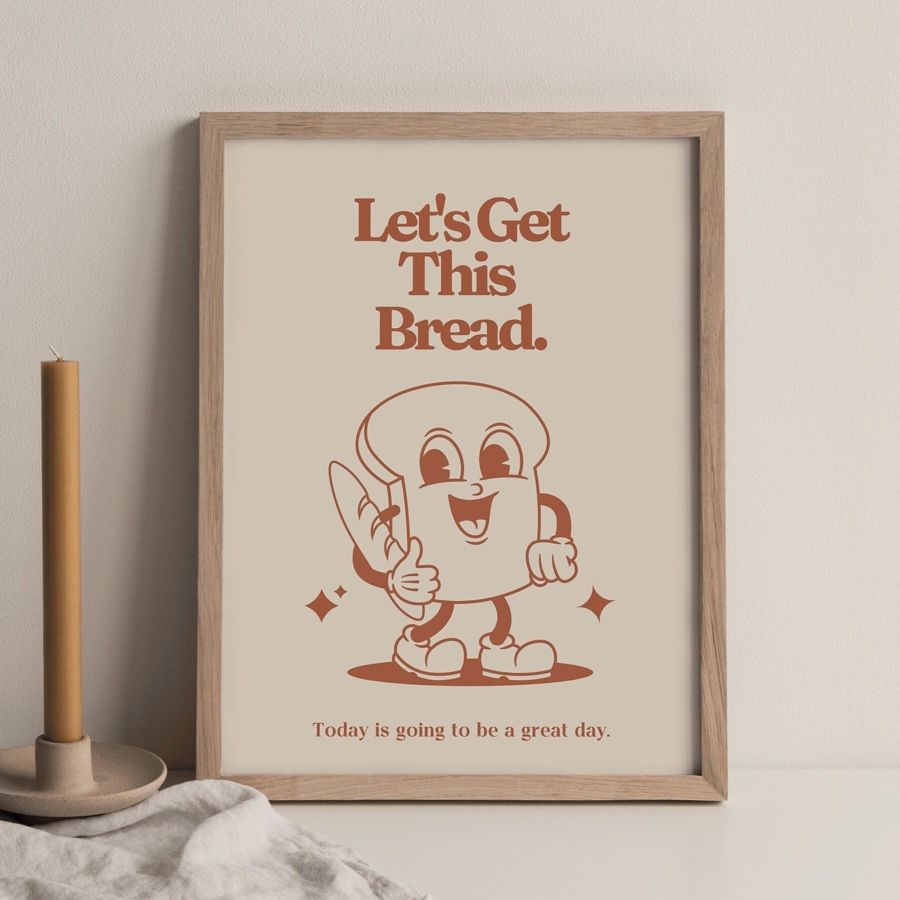 Retro Mascot Art PRINT, Let's Get This Bread, Motivational Kitchen Wall Art, Vintage Home Office Decor, Red and Beige Poster