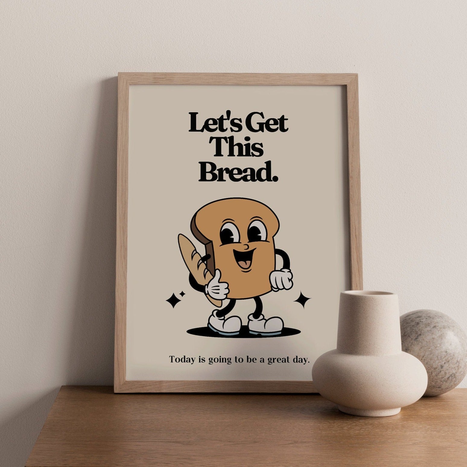 Retro Mascot Art PRINT, Let's Get This Bread, Motivational Kitchen Wall Art, Vintage Home Office Decor, UNFRAMED