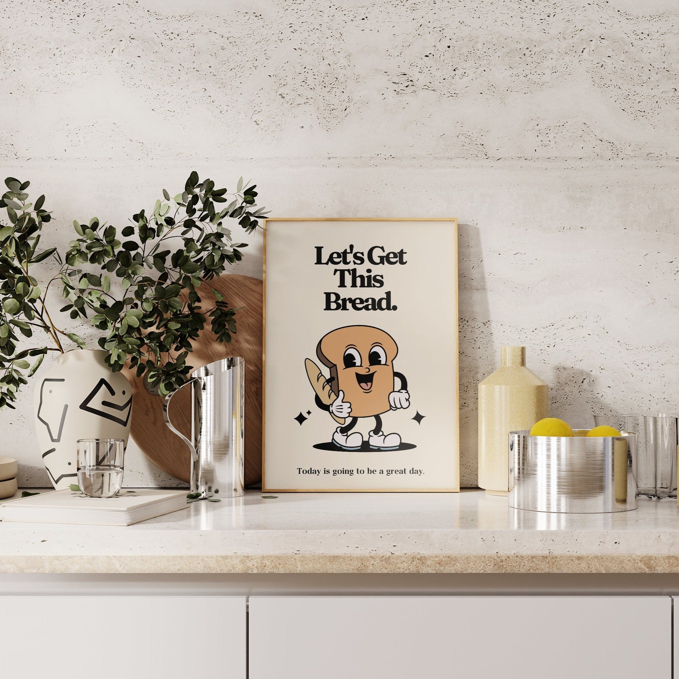 Retro Mascot Art PRINT, Let's Get This Bread, Motivational Kitchen Wall Art, Vintage Home Office Decor, UNFRAMED