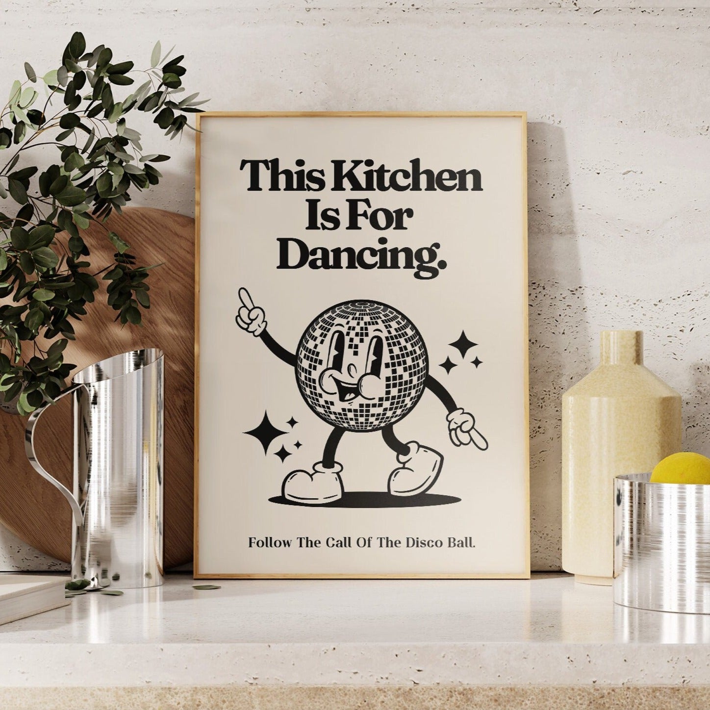 Retro Art PRINT, This Kitchen Is For Dancing Wall Art, Vintage Disco Poster, Retro Cartoon Character Wall Art, Beige and Black Art, UNFRAMED