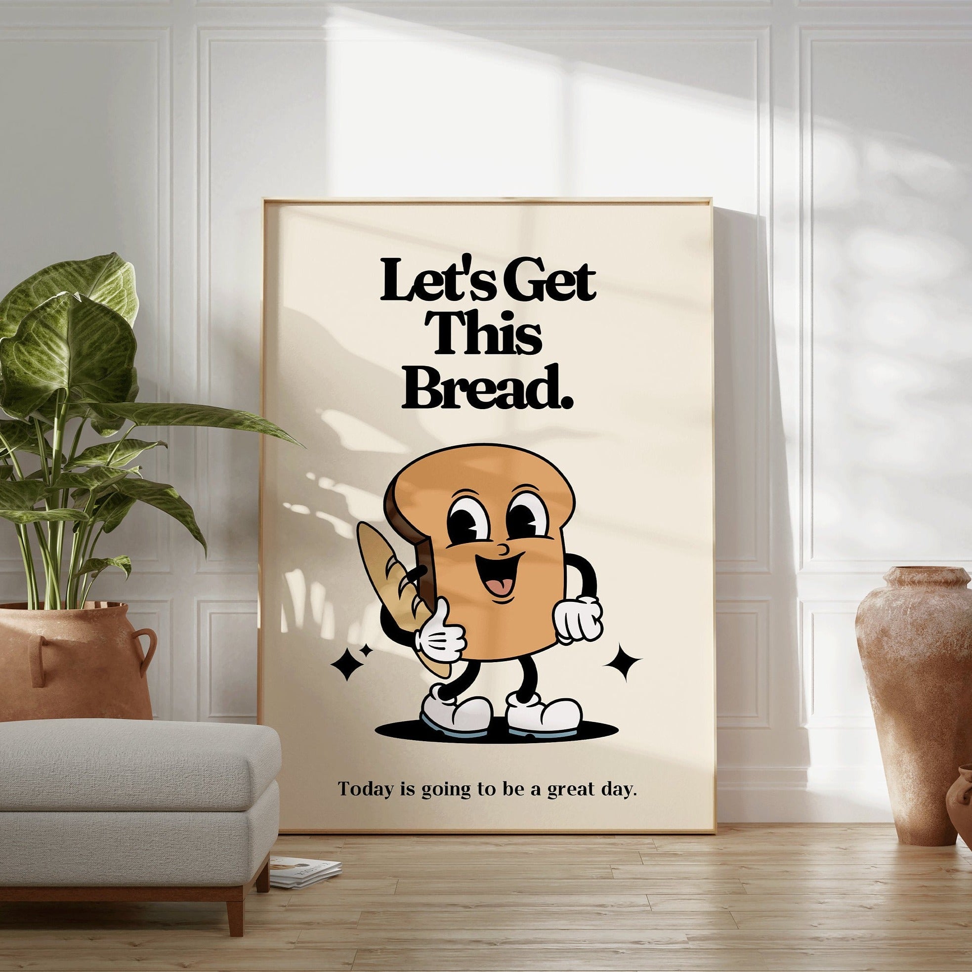 Retro Mascot Art PRINT, Let's Get This Bread, Motivational Kitchen Wall Art, Vintage Home Office Decor, UNFRAMED